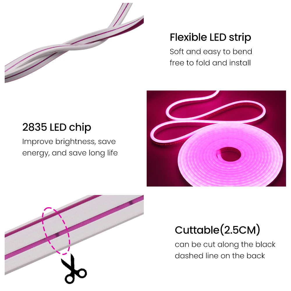 5V 12V 24V Neon LED Strip With 2Pin Wire 120LEDs/M IP67 Silicon Tube Bar Lamp Soft Flexible DIY Light Sign Rope 3000K-6500K.