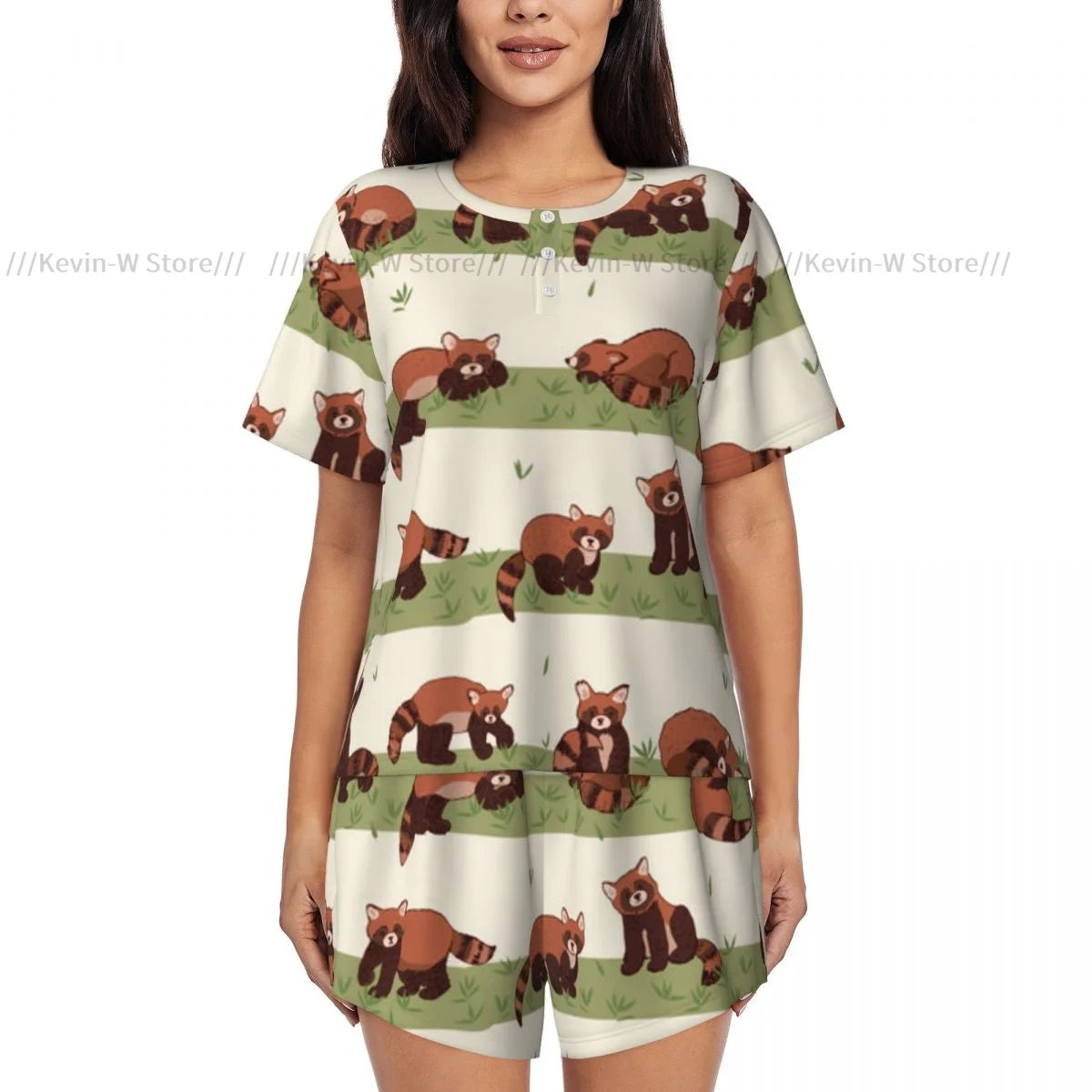 Damen-Pyjama mit kurzen Ärmeln, süßer roter Panda, 2-teilig, für Damen, Sommer-Nachtwäsche, Nachtwäsche, Homewear.