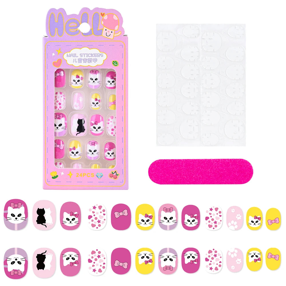 24Pcs/box Kids nails for Girl Cartoon Pattern False Nail Cute Child Fake Nails Tips Kawaii Acrylic Artificial Press on Nail+Tool