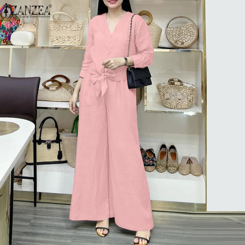 2025 ZANZEA Autumn Outfits 2PCS Women Work Matching Sets Fashion Spring Long Sleeve Blouse Pant Sets Casual Solid OL Tracksuits.