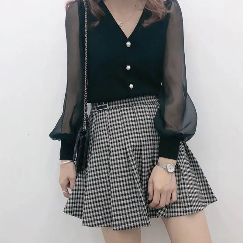 clothe Women's Spring Autumn Style Chiffon Blouses Shirt Women's Knitted Button Long Sleeve Solid Color Lace Patchwork Tops.