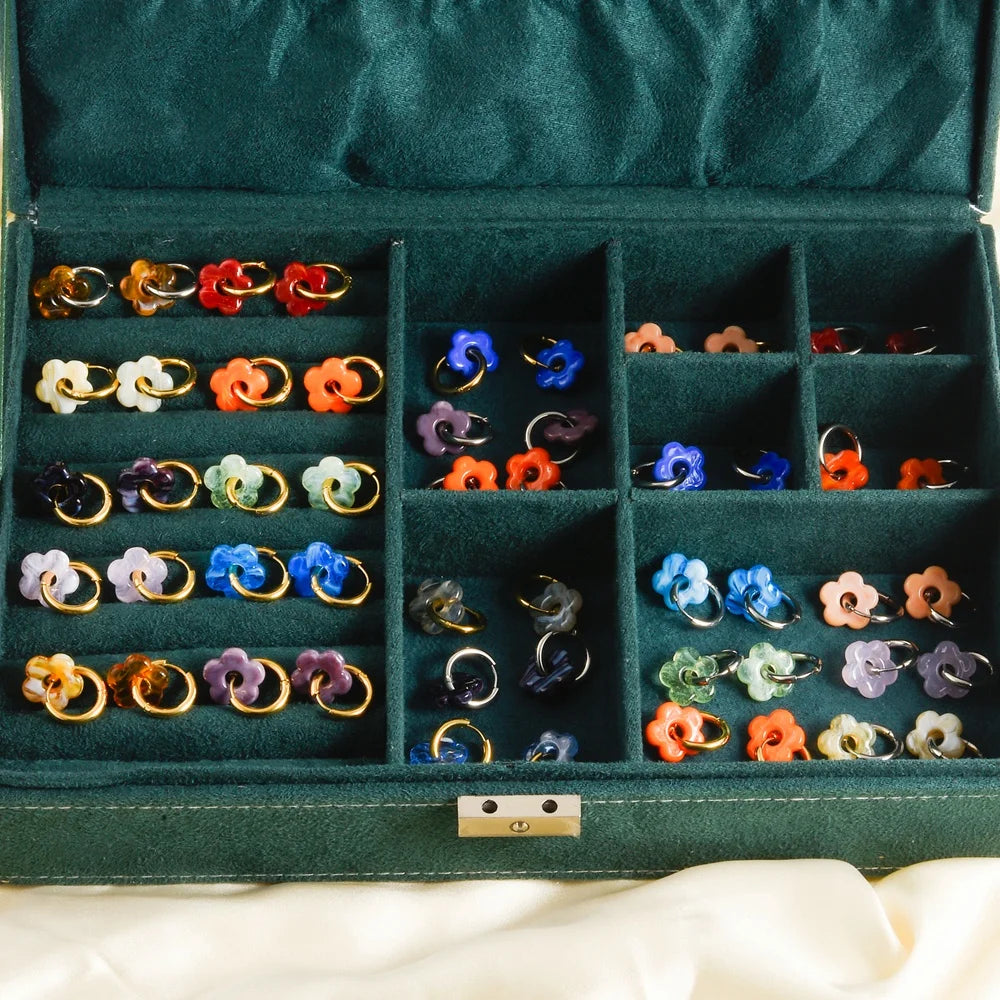 Colorful Flower Glass Drop Charms Earring Gold Color Circle Ear Buckle Hoops Stainless Steel Earrings Fashion Jewelry for Women.