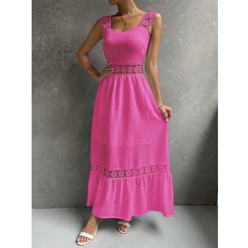 Weiße Lange Kleid Frauen Sommer Sexy Sleeveless Backless Maxi Kleider Damen Elegante Hohle Heraus Spitze Kleid Boho Sommerkleid Vestidos