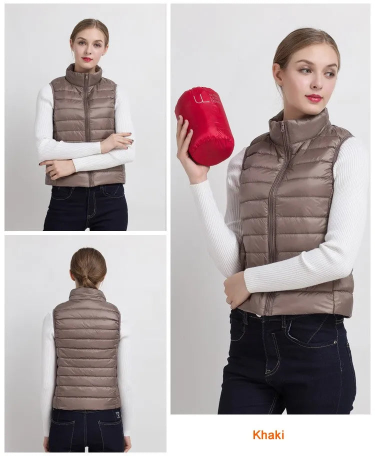 0-10 ℃   Frauen Westen Herbst Winter Ultra Licht Ente Unten Weste Weibliche Dünne Ärmellose Jacke Winddicht Warme Puffer Weste 4XL.