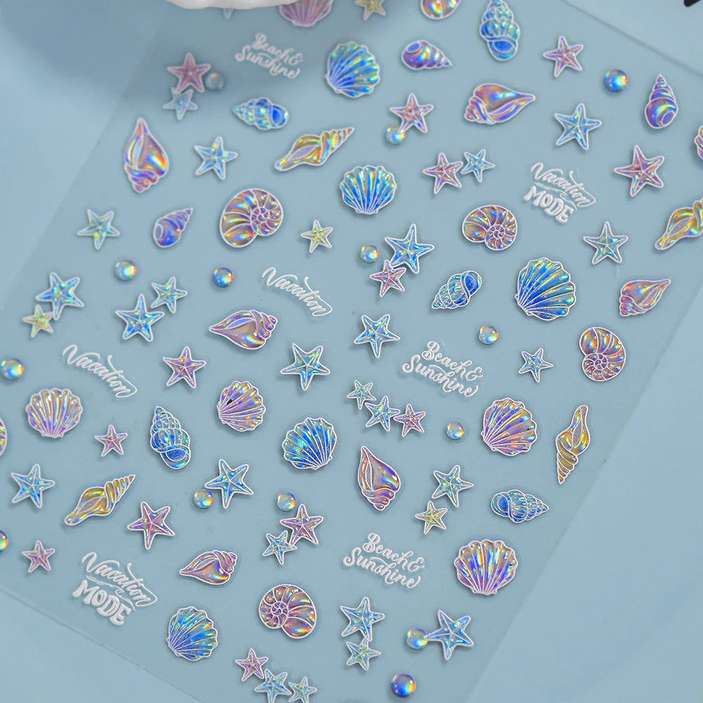 Ocean Theme 5D Nail Sticker Summer Beach Seashells Starfish Conch Scallop Shell Coral Self Adhesive Decoration Manicure Decal.