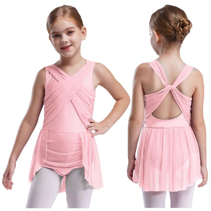 Kinder Mädchen Ärmellose Ausschnitt Strass Eiskunstlauf Trikot Kleid Lyrical Dance Gymnastik Akrobatik Leistung Kostüm