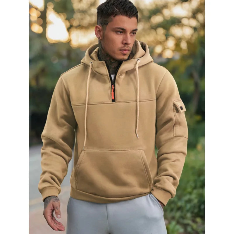 Mens Streetwear Military Sweatshirt Fleece Winter Zipper Pullover Fashion Men's Solid Color Loose Lamb Thick Jacket Men Clothing.
