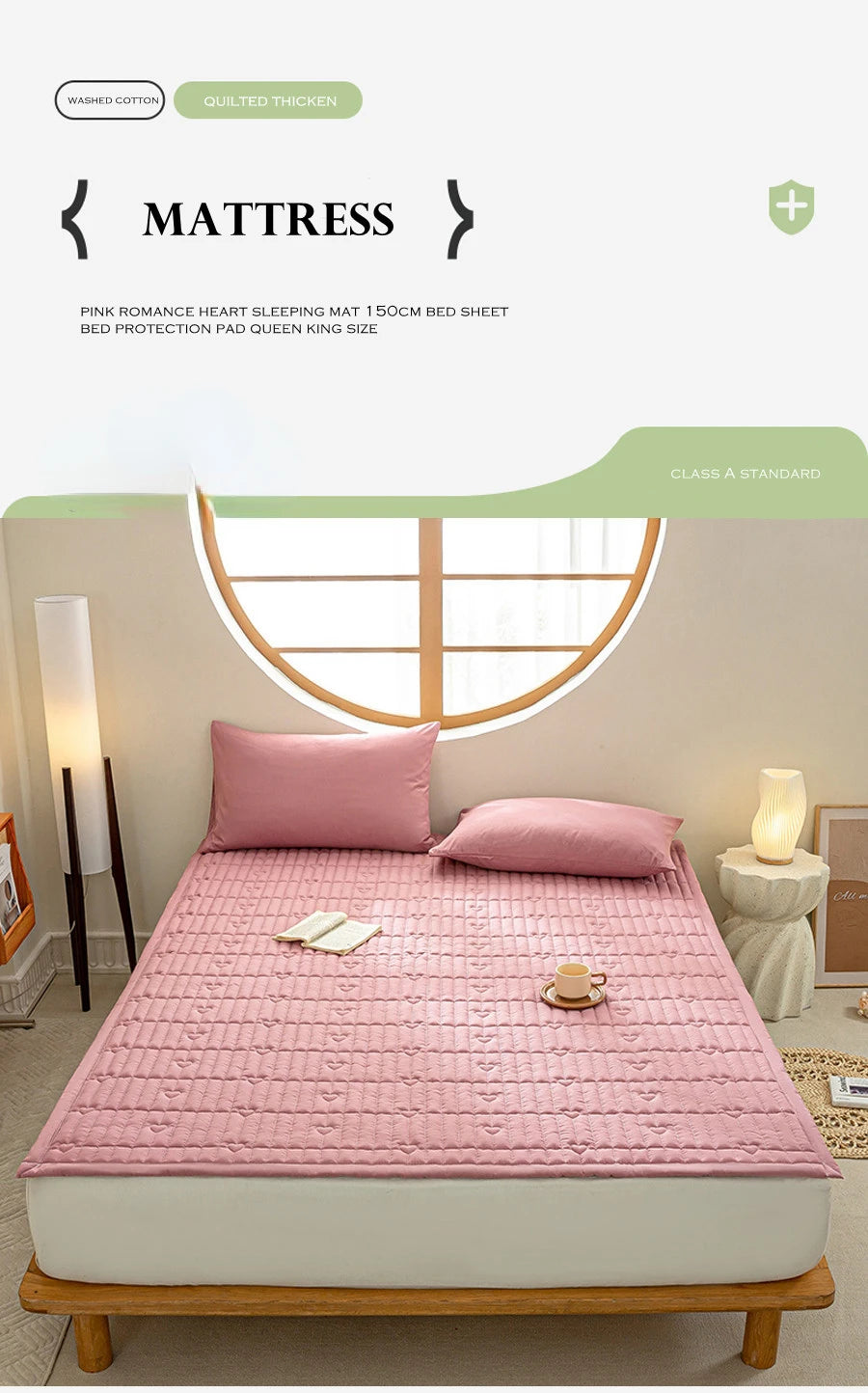 Washed cotton quilted thicken mattress pink romance heart sleeping mat 150cm bed sheet bed protection pad queen king size.
