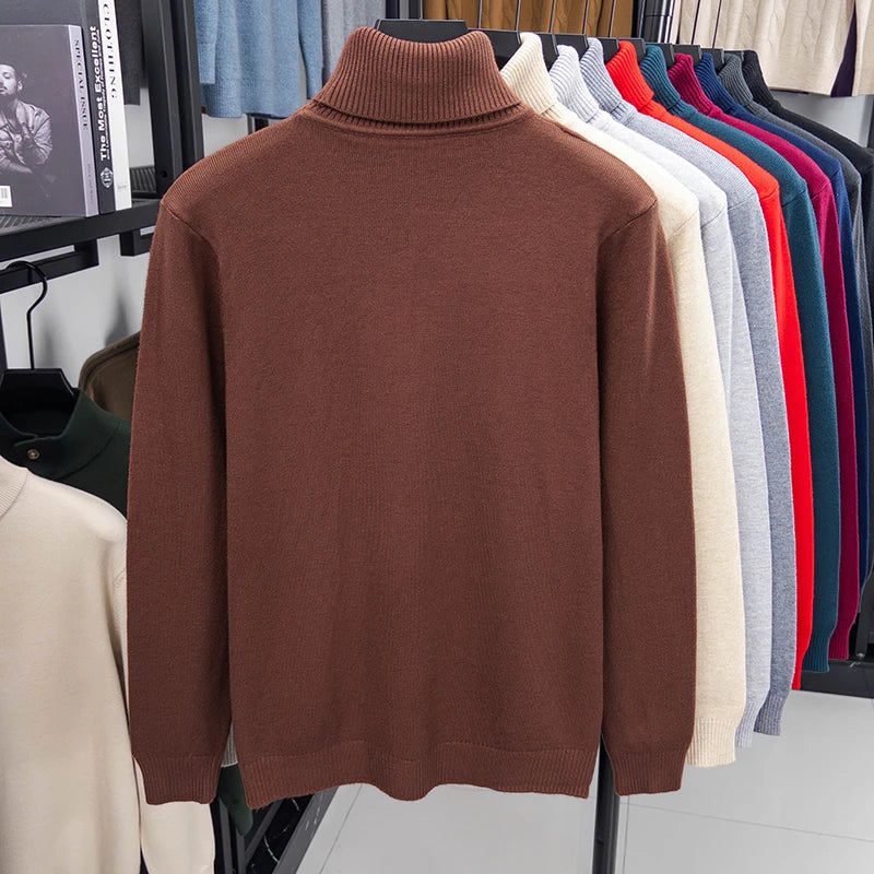 Autumn Mens High Quality Knitted Turtleneck Sweater Slim Fit Long Sleeve Anti-pilling Pullover Solid Color Trend Men Streetwea.