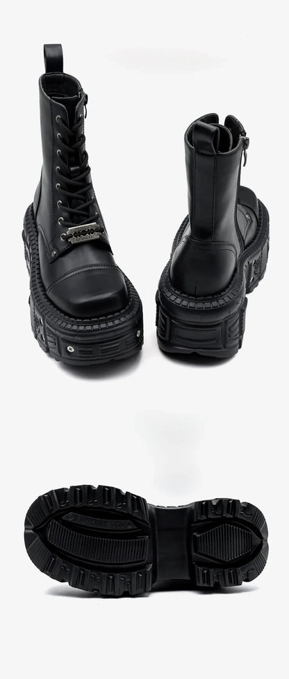 2025 New Punk Women Platform Ankle Boots Female's Rock Round Toe Lace Up Fashion Retro Chunky Shoes Metal Decor Short Boots.