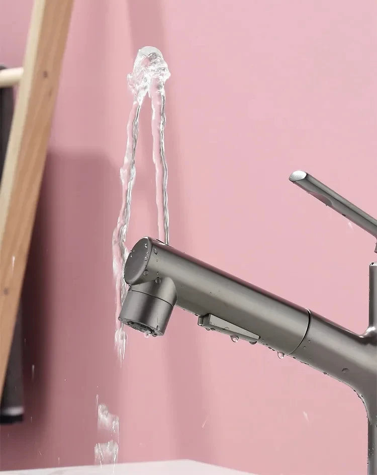 Single Handle Dual Hole Hot Cold Brass Washbasin Faucet 3 Function Stream Sprayer Pull Out Basin Sink Mixer Tap for Bathroom