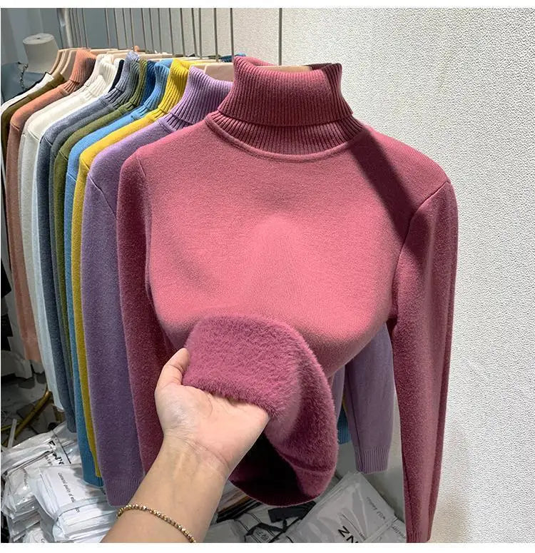 2025 neue Verdicken Hohe Kragen Pullover frauen Pullover Top Winter Warme und Weiche Einfarbig Inneren Tragen Bodenbildung Shirt