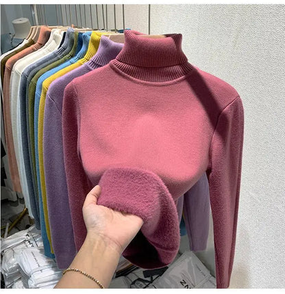 2025 neue Verdicken Hohe Kragen Pullover frauen Pullover Top Winter Warme und Weiche Einfarbig Inneren Tragen Bodenbildung Shirt