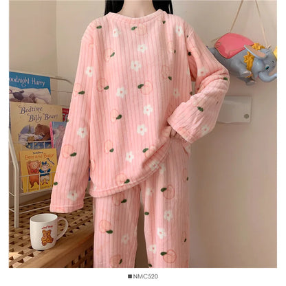 Winter-Damen-Pyjama-Homewear-Anzug, neues warmes Set aus Korallen-Fleece für Herbst und Winter, bequemer warmer Pyjama-Homewear-Anzug