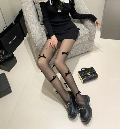 Sweet Pure Desire Butterfly Knot Stockings Pearl Pantyhose Women's Ultra Thin Any Cut Anti Snag Long Tube Socks.