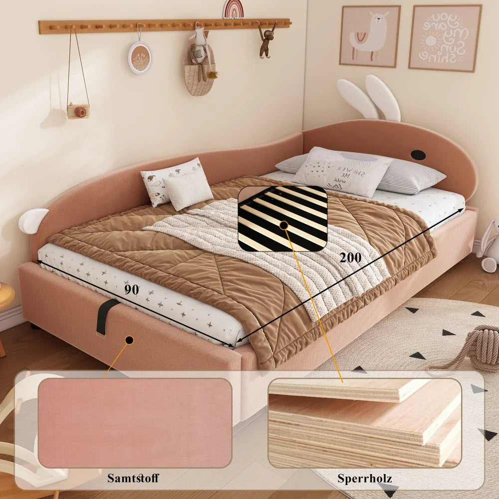 Polsterbett, Einzelbett, Babybett, niedlicher Hasenkopf, hydraulisches Bett mit Stauraum, erhöhter weicher Zaun, Samt, rosa + weiß, 90 x 200 cm