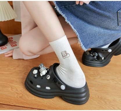 5 Pairs of White Women's Embroidered Socks for All Seasons Cotton Socks Mid-high Tube Student Cartoon Sports Socks.