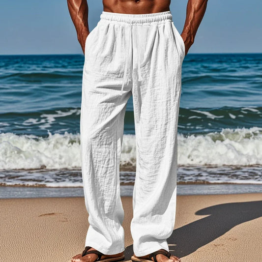 Men's Linen Casual Pants Elastic Waist Beach Pants Lightweight Drawstring Summer Yoga Pants Solid Color Beach Pants.