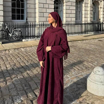 2025 New Arrival Turkey Dubai Muslim Winter Abaya Corduroy Women Closed Abaya Loose Daily Wear Muslim Long Winter Dress