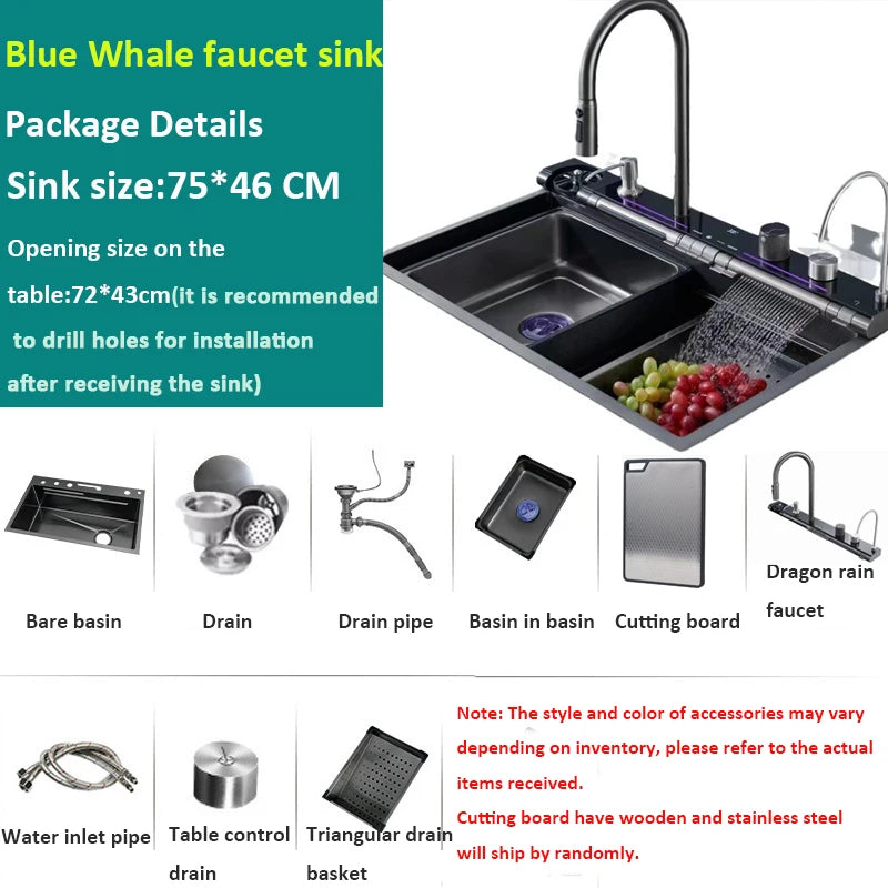Blue Whale Arowana Multifunctional Kitchen Sink Single Bowl Nano Black Honeycomb LED Digital Display Stainless Steel for Home