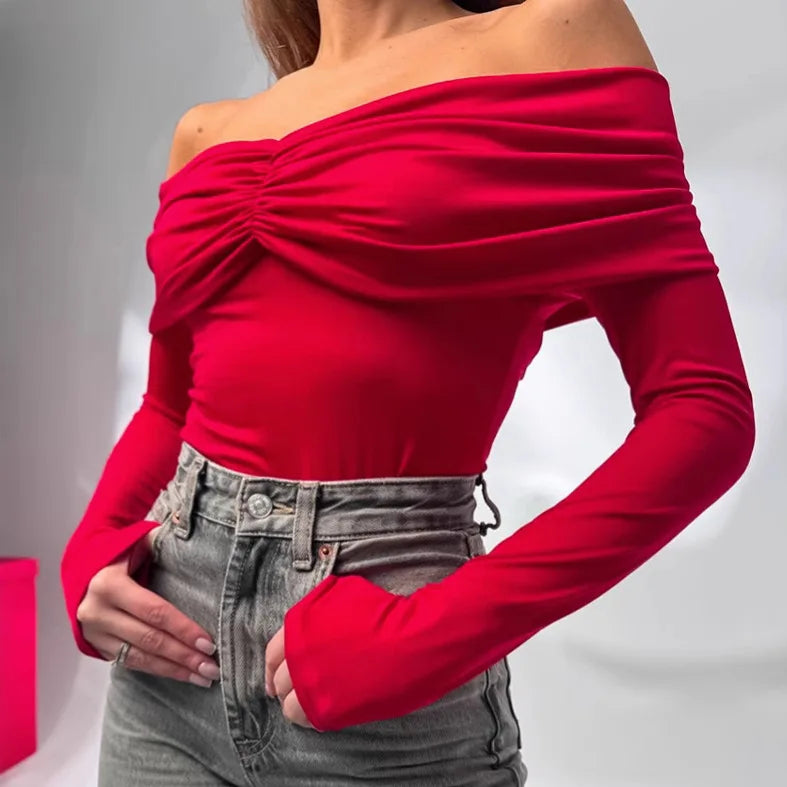 Talenza Sexy Ruched Top Women's One-Shoulder Long Sleeve Backless Solid Pullover Top Summer Female Office Lady Casual Top Women