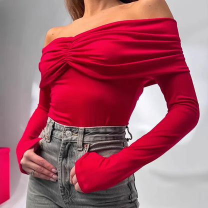 Talenza Sexy Ruched Top Women's One-Shoulder Long Sleeve Backless Solid Pullover Top Summer Female Office Lady Casual Top Women