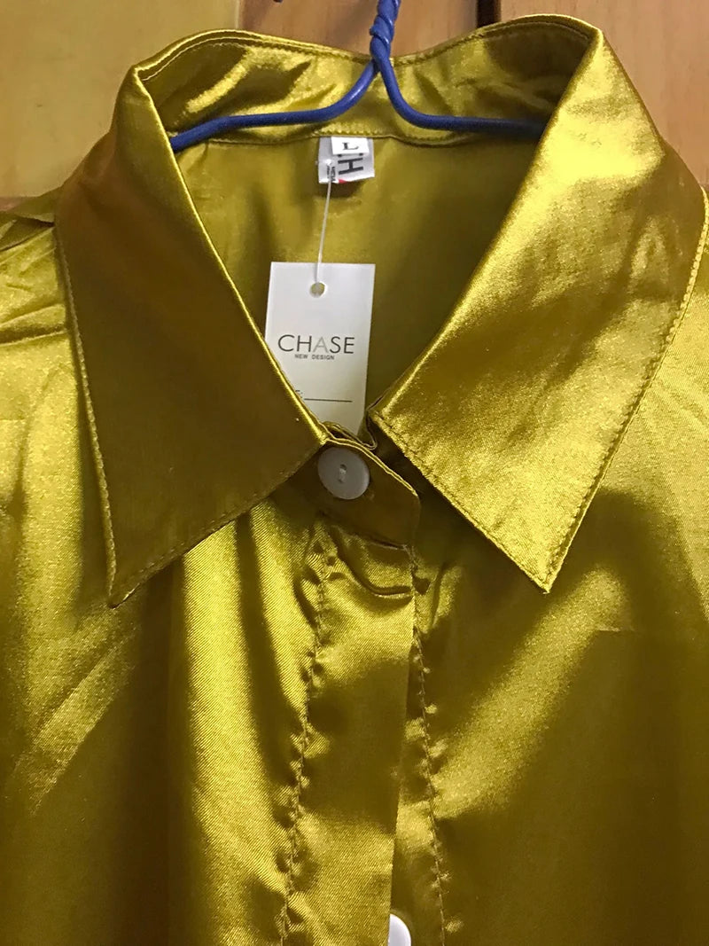 High Quality Silkly Satin Women's Shirt Office Ladies Long Sleeve Blouses Polo Neck Gold shirt Button Luxury Casual women tops