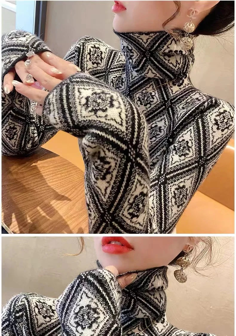 Frauen Kleidung Mode Rollkragen Argyle Stricken Pullover Herbst Winter Elegante Chic Schlanke Langarm Pullover Büro Dame Y2K Top.