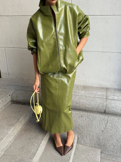 Chic Stand Collar Leather Long Skirt Sets Women Long Sleeve Jackets Spliced Solid Skirts 2025 Autumn Lady Y2k Outfits dress