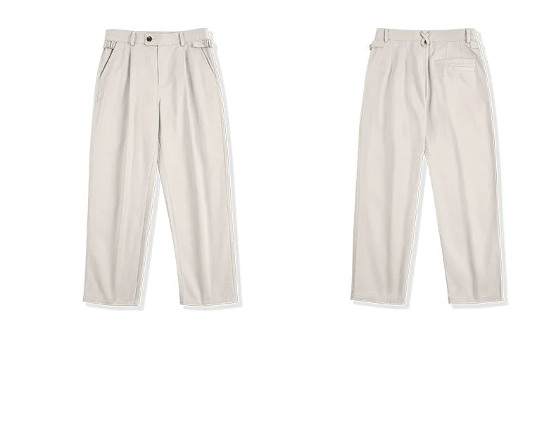 Maden Vintage Gentleman Naples Pants Korea Fashion Casual  Paris Button Straight Wide Trousers 100% Cotton Solid Work Suit Pants.