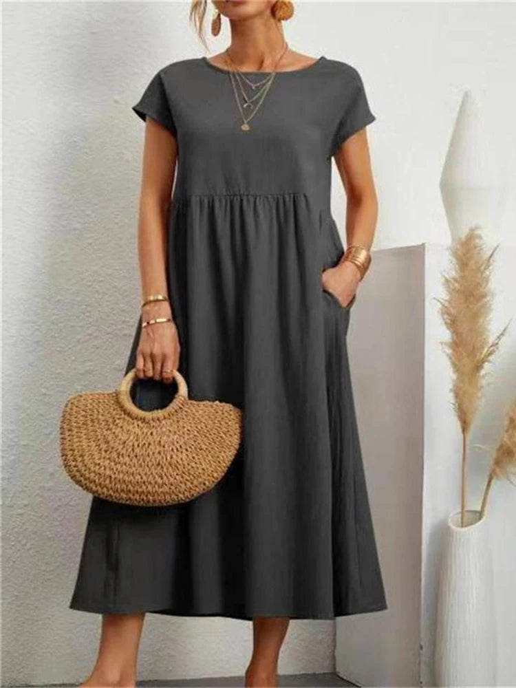 Vintage Solide Midi Kleid Casual Kurzarm Baumwolle und Leinen Harajuku Übergroßen Langes Kleid Frauen Sommer Y2K Maxi Sommerkleid 2023.