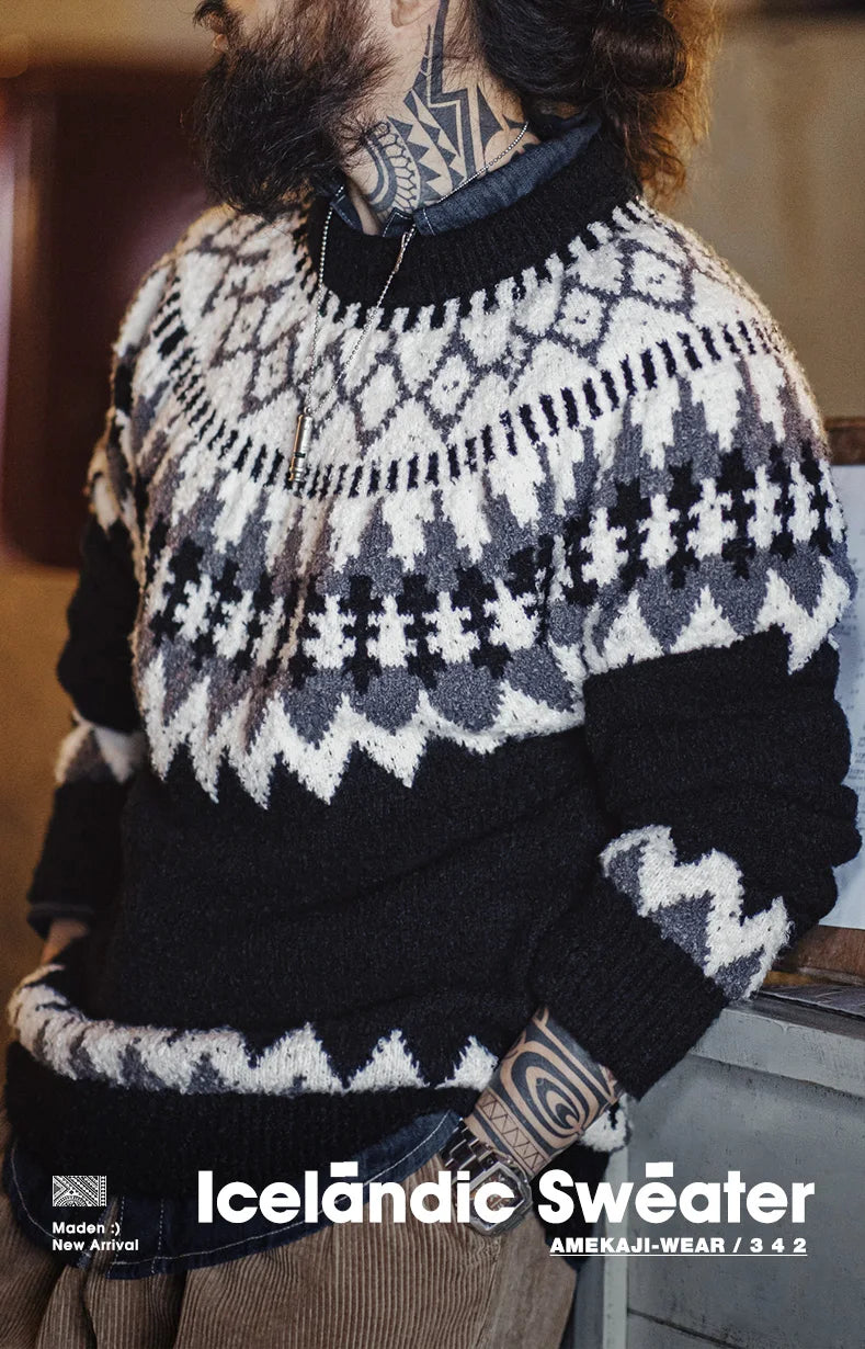 Maden Vintage Heavyweight Fair Isle Icelandic Sweater Round Neck Jacquard Bottom Knitwear Thickened Warm Pullovers for Christmas.