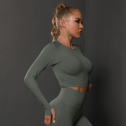 Women Yoga Long Sleeve Shirt Female Fitness Sportswear Gym Clothing Workout Running Crop Top Seamless Active Wear Sports Clothes.