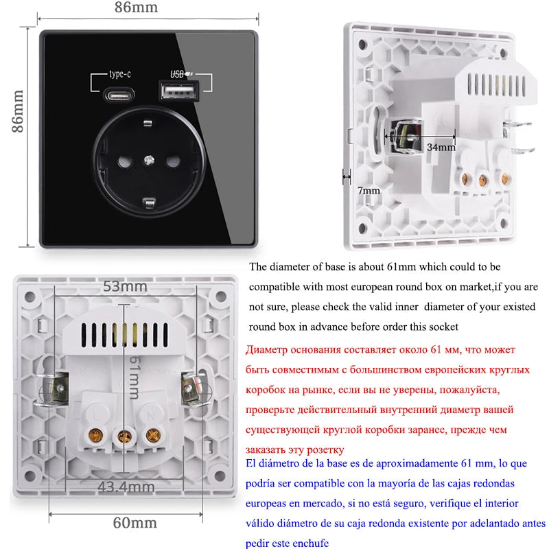Coswall Typ-C-Schnittstellensteckdose, Vollspiegel, Kristallplatte, schwarze Wand, EU, Russland, Spanien, französische Standardsteckdose mit USB-Ladeanschluss.