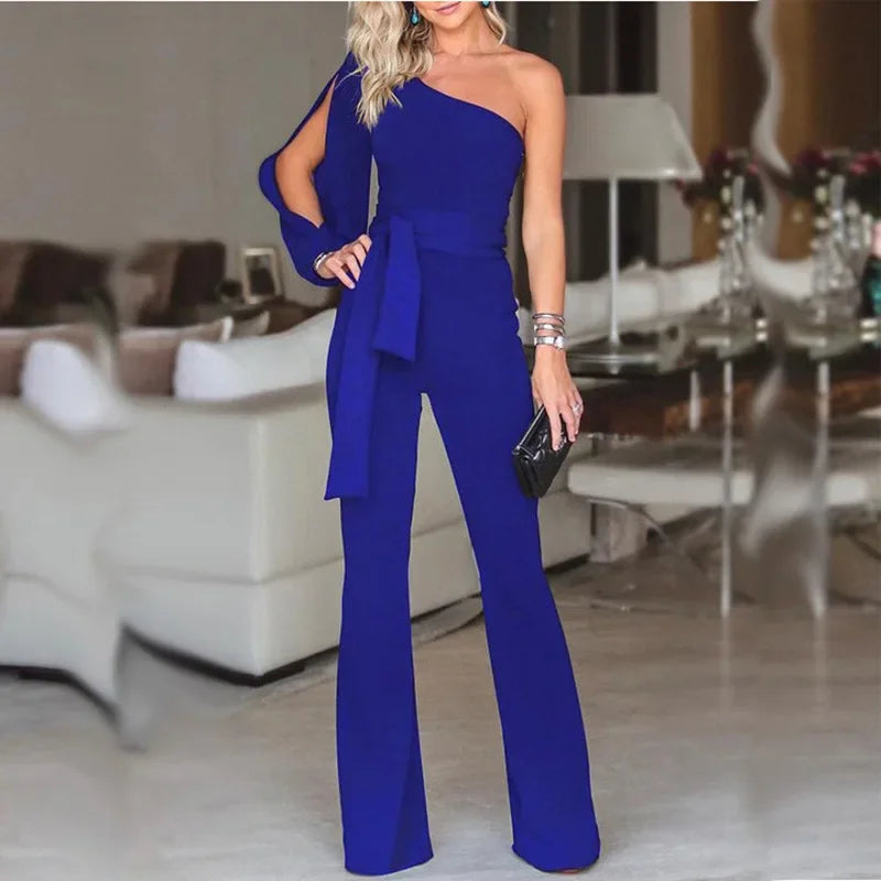 2024 Spring New Women's Single Shoulder High-waisted Belted Slimming Jumpsuit Amazon Cross-border Seller Sexy Smooth Silhouette.