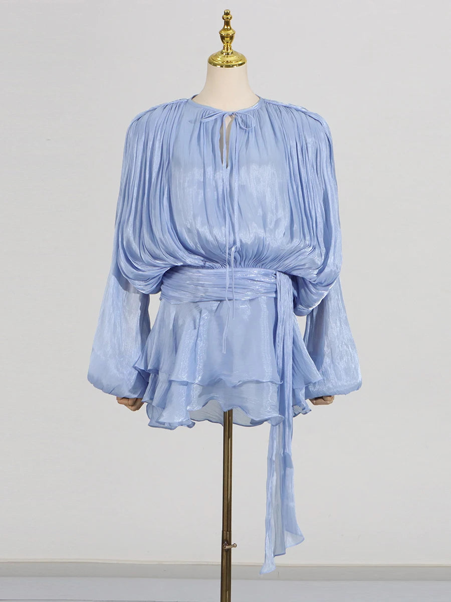 GALCAUR Solide Lose Splicd Lace Up Kleider Für Frauen V-ausschnitt Mit Langen Ärmeln Patchwork Rüschen Tunika Kleider Weibliche Mode Neue.