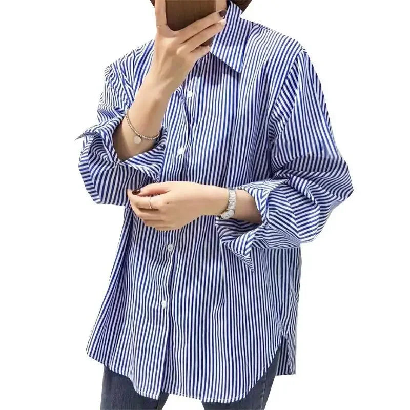 Women Shirt Blouse Blue Vertical Striped Shirt Women's Autumn Clothing Loose Long Sleeve Shirt Blusas Mujer.