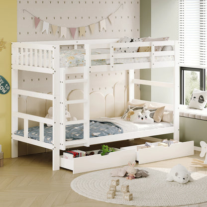 Rosahqnda Massivholz-Bettgestell 90 x 200 cm, Kinderbett mit Schubladen und Kopfteil für Bücher, Einzelzimmer, Weiß