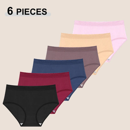 6PCS Women's Plus Size Lace Panties Seamless Solid Color Sport Cozy Physiological Underwear Female Breathable Elastic Lingerie