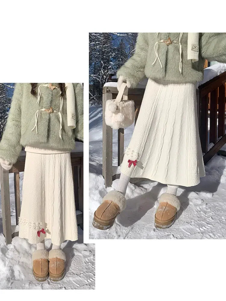 Clothes for Women Autumn Winter Japanese Style Kawaii Sweet Chic Knitted Skirts Female High Waist Solid Loose A-line Midi Skirt