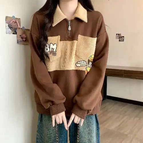 Oversized Autumn Winter Casual Printing Turn-down Collar Long Sleeve Sweatshirts Female Preppy Style Cartoon Loose T-Shirts Tops.