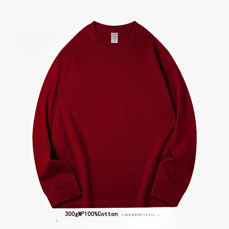 Spring Autumn 300g Heavy-duty Pure Cotton Long Sleeved  T-shirt FLoose White Top Thick Base Layer Underneath for Men and Women