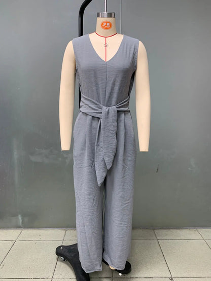 Summer High Waist Lace-up Jumpsuits Women 2025 New Sleeveless V-neck Side Pocket Solid Casual Jumpsuit Office Ladies Rompers.