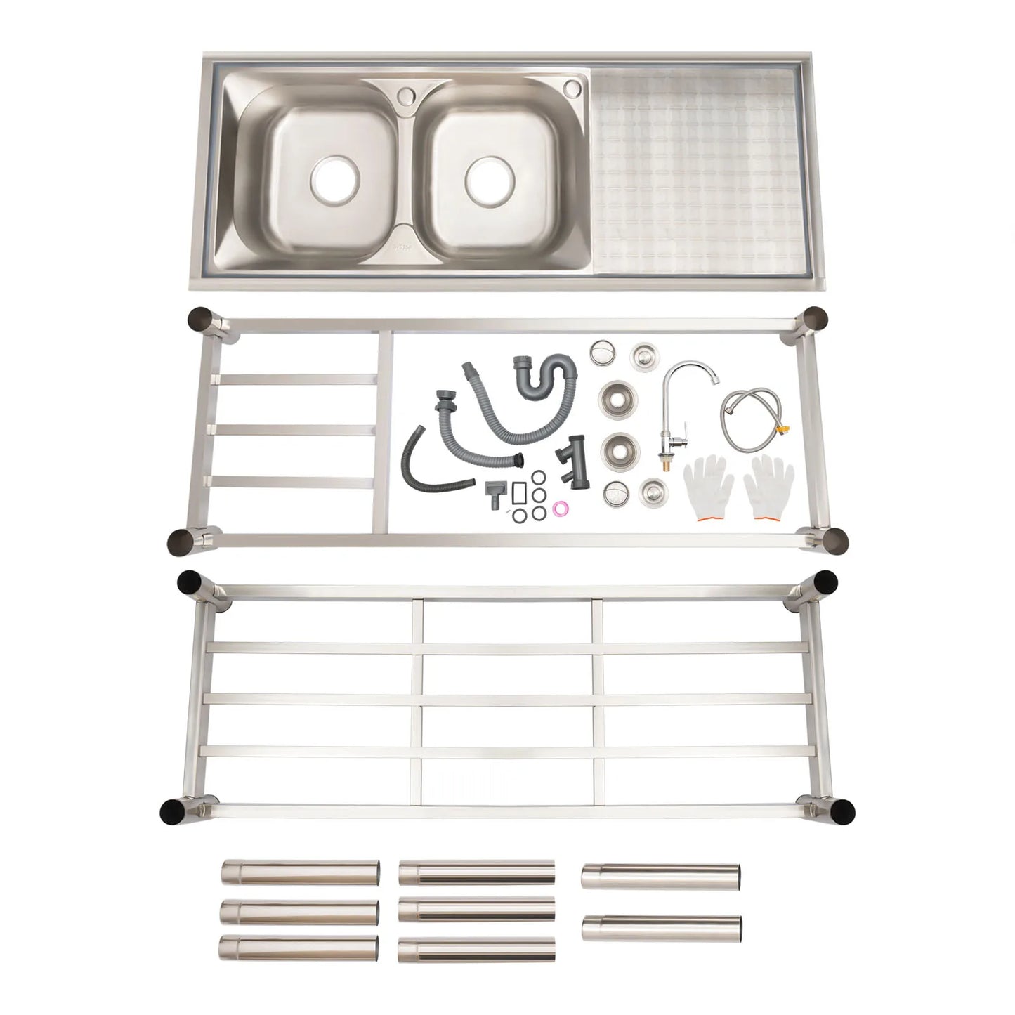 Freistehende Edelstahl Doppels ch üssel gewerbliche Küchen spüle Set mit Wasserhahn Abtropffläche mit/Werkbank & Doppel regale
