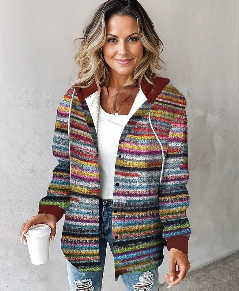 Neue Herbst und Winter frauen Plaid Jacke Mit Kapuze Mode Taste Strickjacke Top Tasche Casual Straße Vielseitige Jacke.