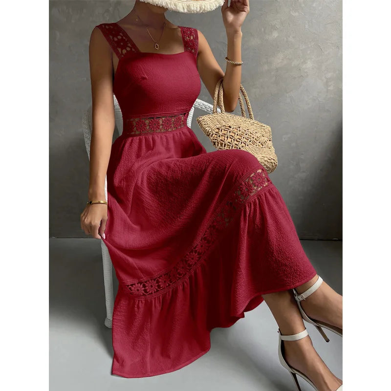 Weiße Lange Kleid Frauen Sommer Sexy Sleeveless Backless Maxi Kleider Damen Elegante Hohle Heraus Spitze Kleid Boho Sommerkleid Vestidos