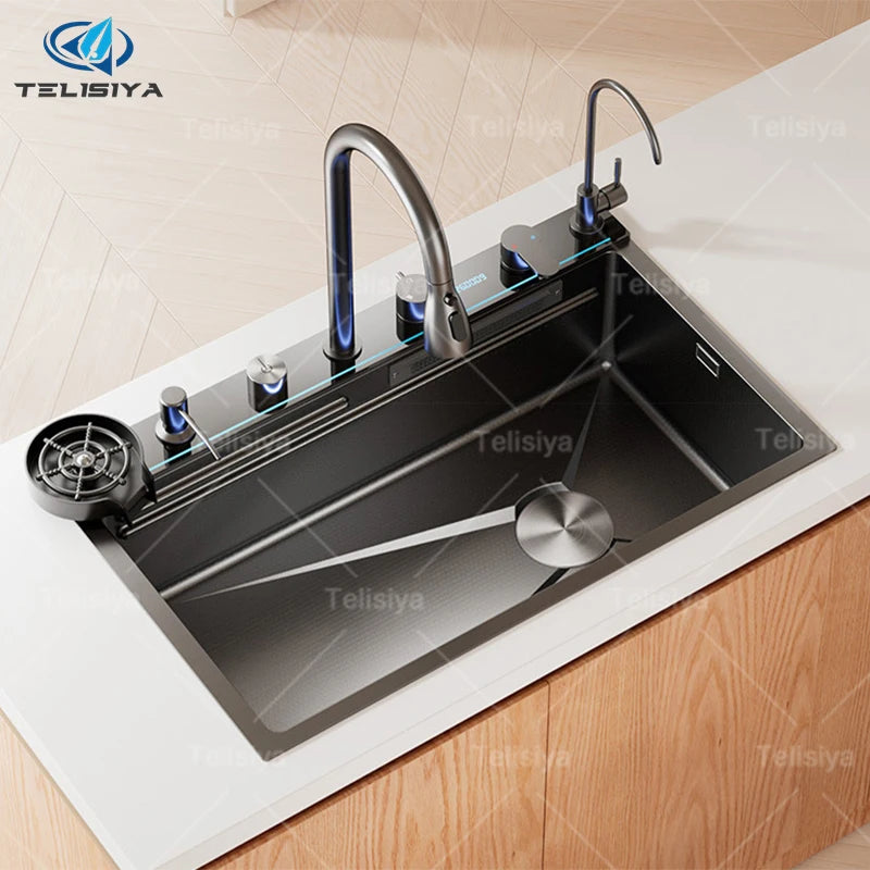 Household Intelligent Stainless Steel Kitchen Sink Digital Display Waterfall Wash Dish Basin Honeycomb Emboss Large Single Slot