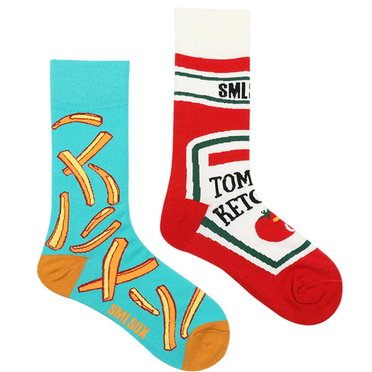 1 Pair Unisex Funny AB Style Tomato Ketchup French Fry Printed Mid-Calf Socks Suit In All Seasons.