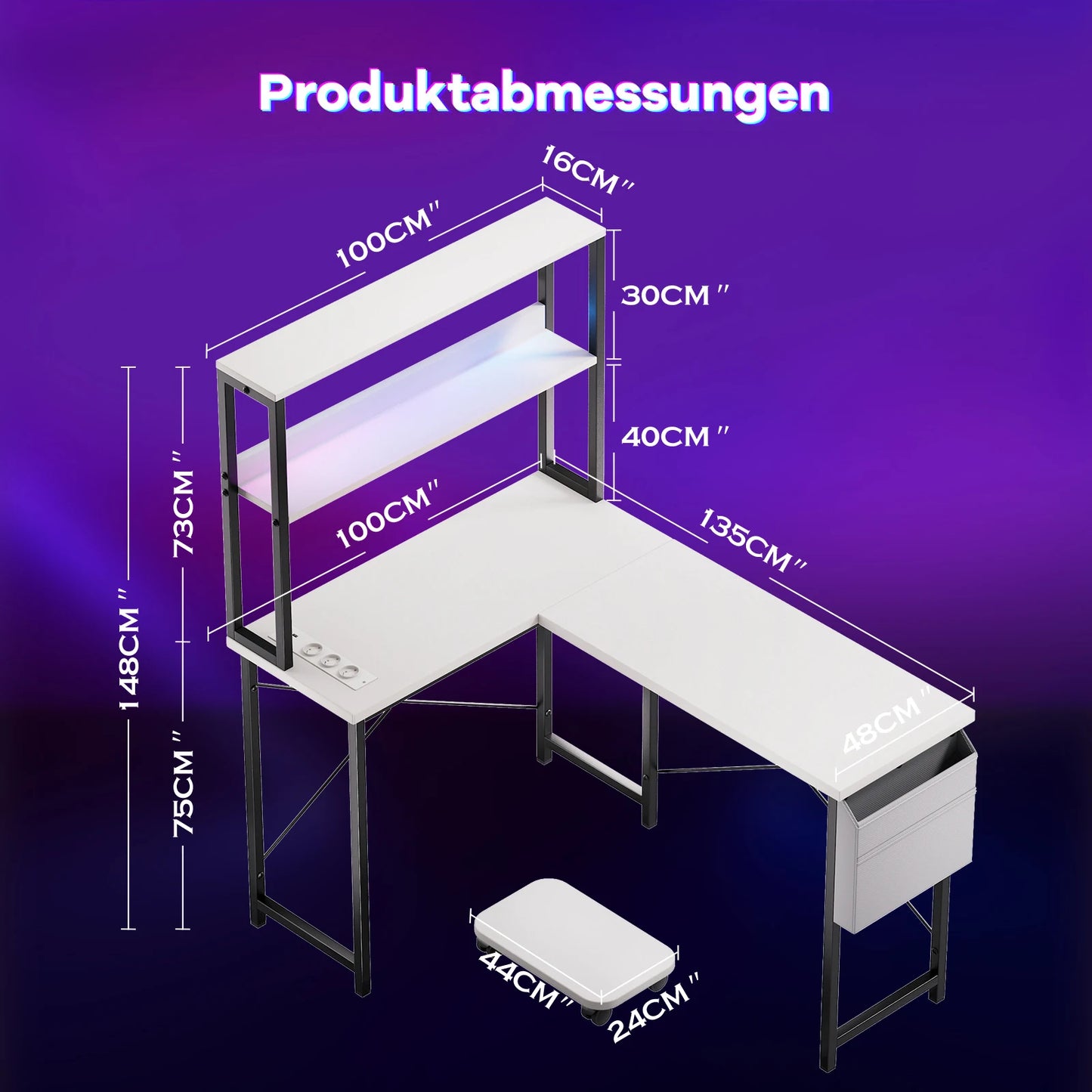 Weißer L-förmiger Schreibtisch mit LED Beleuchtung Doppelregal USB Steckdosen Gaming und Arbeitstisch