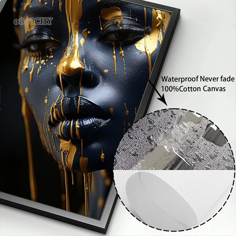 Golden Radiant African Beauty Art Posters Print Canvas Painting Modern Fashion Portrait Wall Art Mural for Liivng Room Decor.